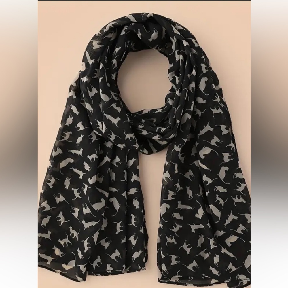 CAt Nip Cafe Black scarf with taupe cats 30% off w ♥️ 81